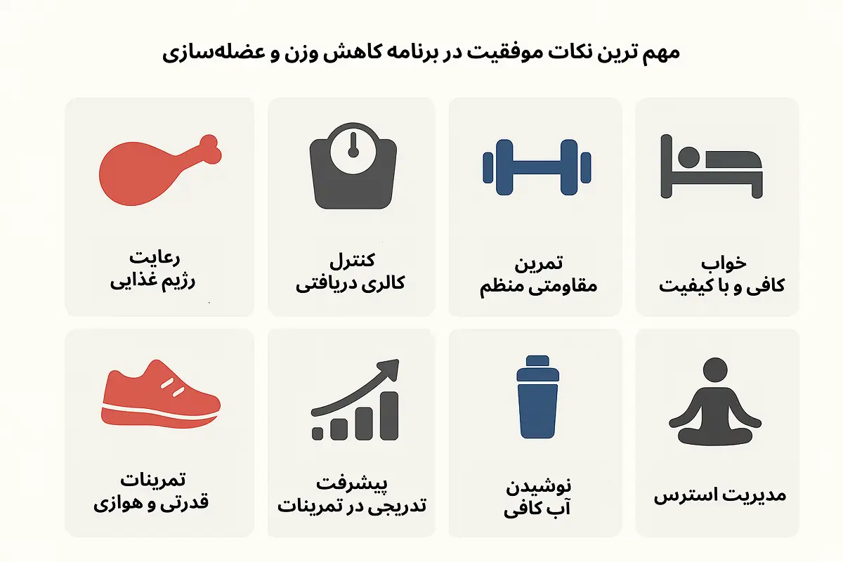 مهم ترین نکات موفقیت در برنامه تمرینی کاهش وزن و عضله سازی با تصویر همزمان